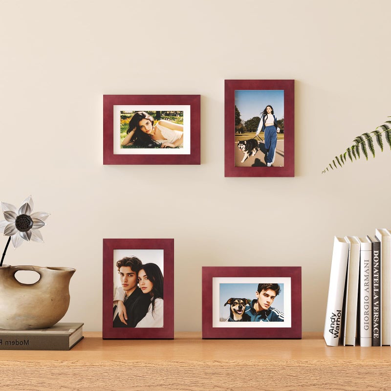 Egofine 5x7 Picture Frames 4 Pack Covered by Plexiglass for Picture 4x6 with Mat or 5x7 whitout Mat Made of Solid Wood for Table Top Display and Wall Mounting Photo Frame, Cherry Red - Image 5